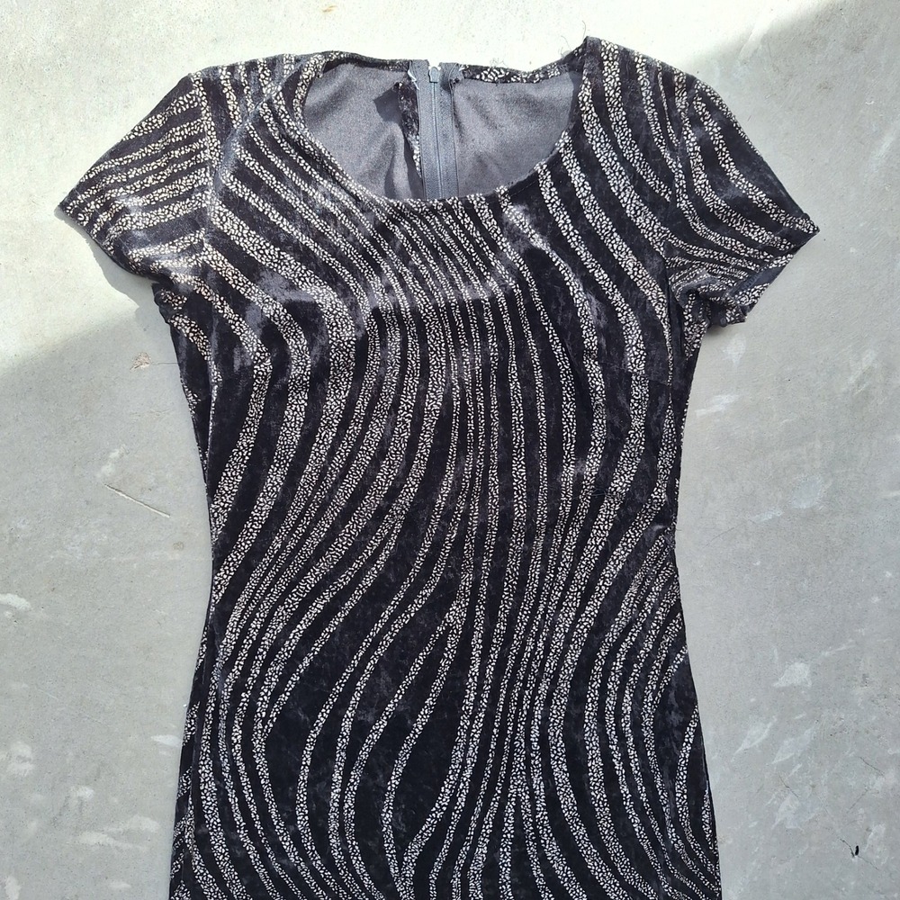 Vintage 90s Velour Abstract Wave Print Column T Shirt Maxi Dress Scoop Neck